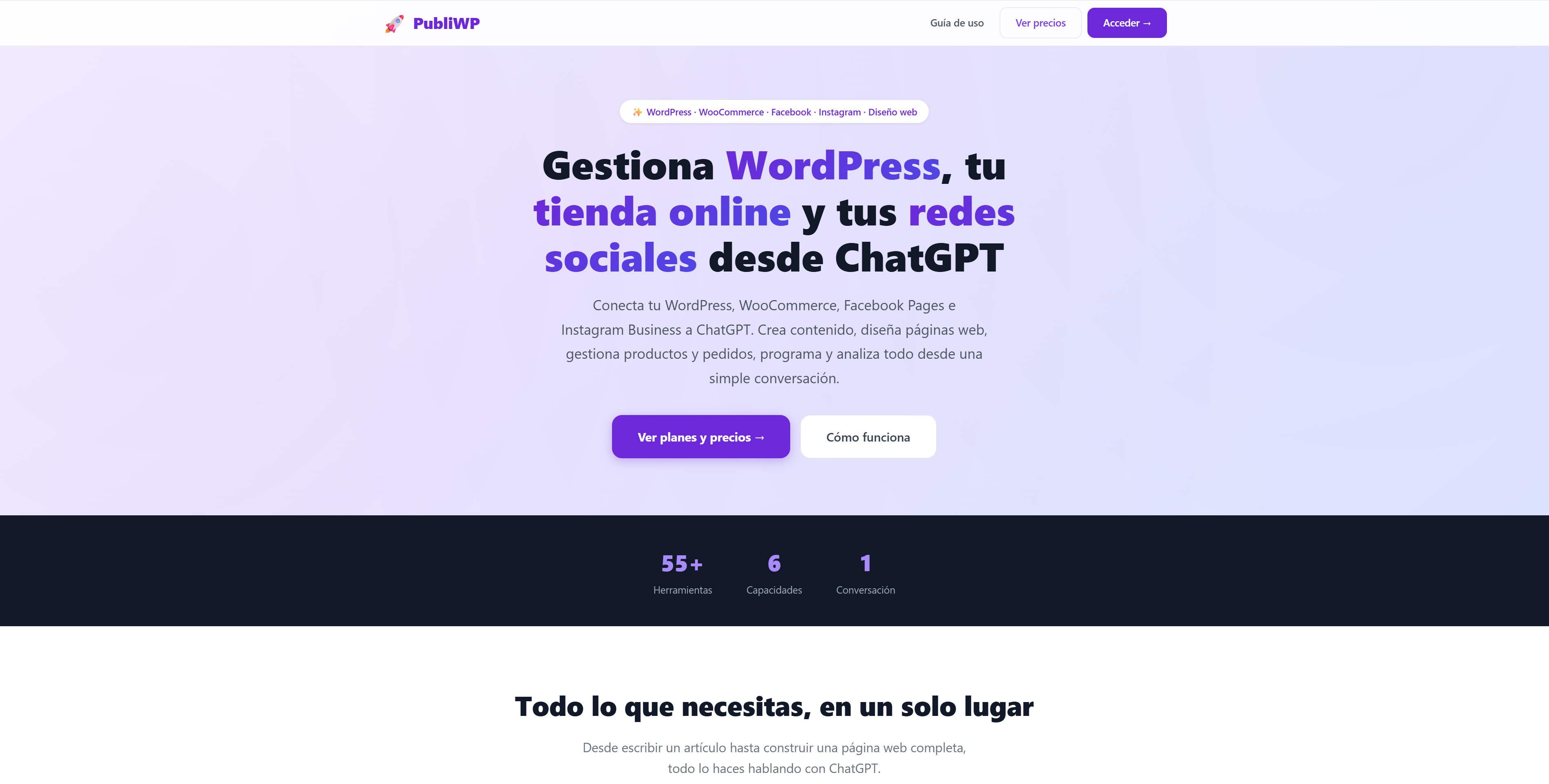 Captura de PubliWP Social, plataforma que conecta WordPress, WooCommerce, Facebook e Instagram a ChatGPT